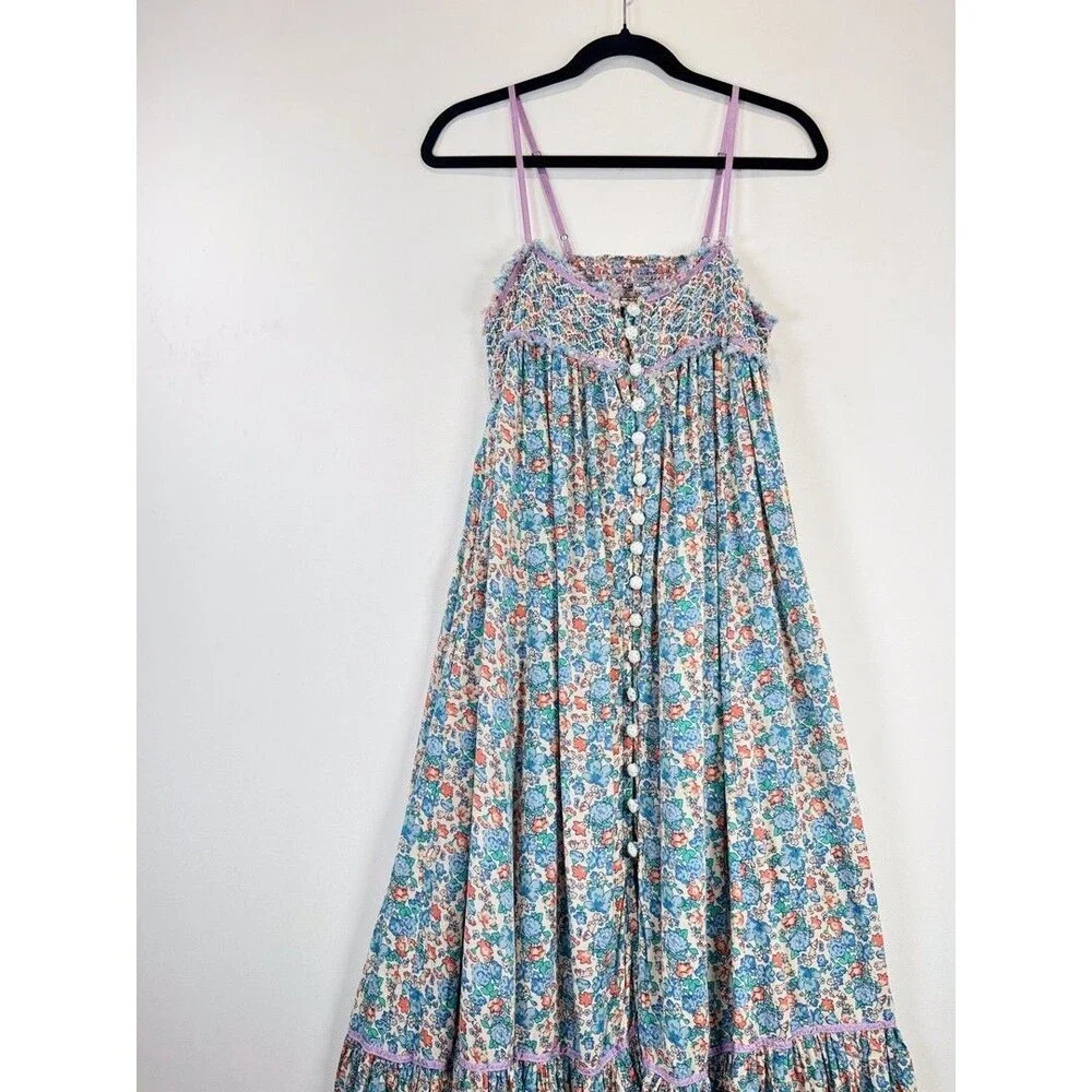Free People Maxi Dress Blue Molly Jo Floral Button Down Cutout Back Smocked XS
